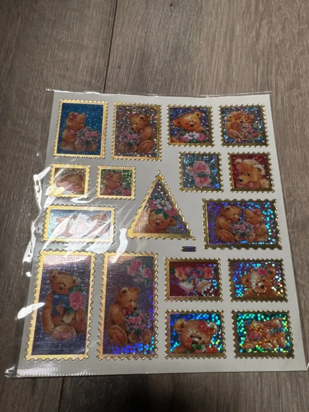 Vintage Holographic Teddy Bear Stamp Stickers With Gold Foil Borders - 2002 Coll